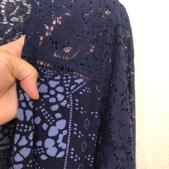 LOVESTITCH Womens Large Bell Sleeve Mixed Media Cross Front Blouse Top NWOT Blue - Picture 5 of 14